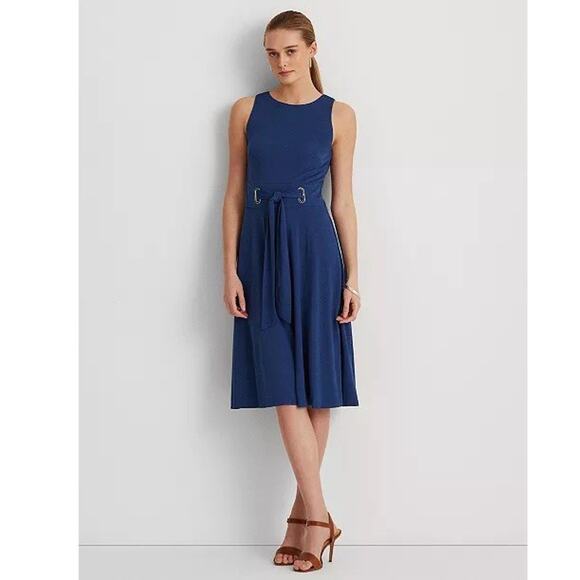 RALPH LAUREN Women’s Blue Sleeveless Fit & Flare Jersey Dress Round Neck Sz. 16 - Picture 1 of 16